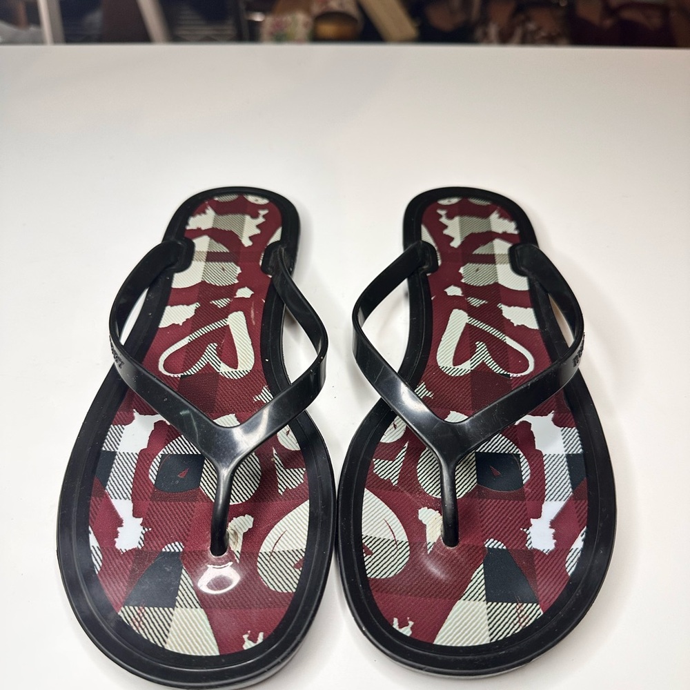 Burberry Black Strap Sandals with Burgundy Check and Motif